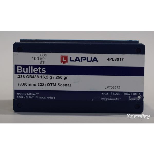 sachet de 100 Ogives Lapua , cal 338 OTM Scenar HPBT, 250 grains, ref GB488