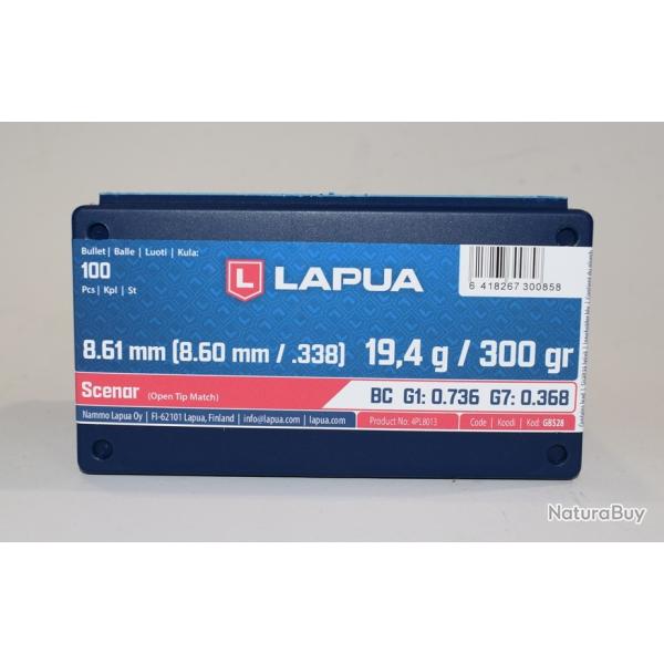 sachet de 100 Ogives Lapua , cal 338 OTM Scenar HPBT, 300 grains, ref GB528