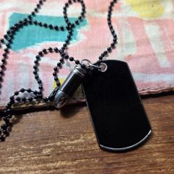 Collier Plaque Militaire Noire + Fausse Balle 9mm - Style Tactique Neuf