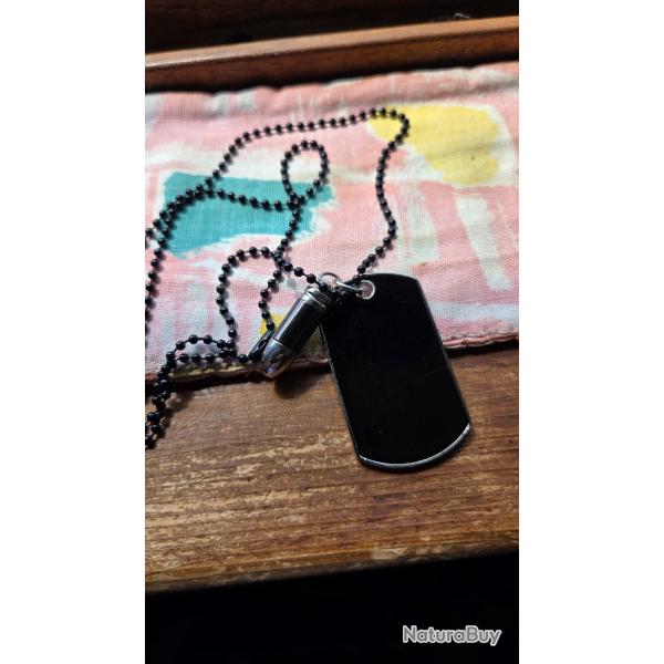 Collier Plaque Militaire Noire + Fausse Balle 9mm - Style Tactique Neuf