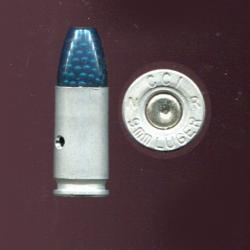9 mm Luger - belle balle plastique bleu translucide &agrave; grenaille - marquage : CCI  N R 9 LUGER