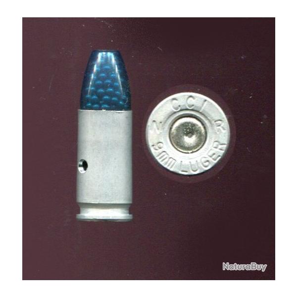 9 mm Luger - belle balle plastique bleu translucide � grenaille - marquage : CCI  N R 9 LUGER