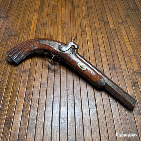 Grand pistolet de combat � percussion - canon Damas et gravure D�but XIXe si�cle