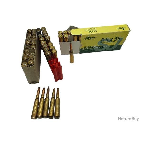 DESTO AMMO - LOT DE 58 MUNITIONS LUGER-NORMA-LAPUA CAL.6.5X55SE DIVERS OGIVES