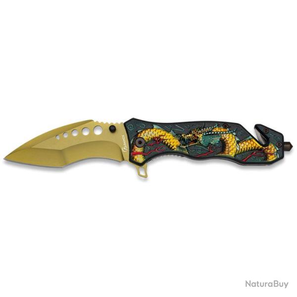 COUTEAU PLIANT 3D DRAGON JAUNE LAME 9.5CM