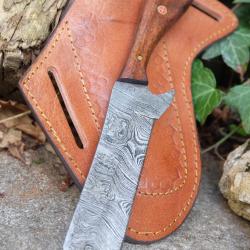 Couteau Skinner Lame Rasoir Acier Damas 256 Couches Manche Bois Beau Etui Cuir Fabric Artisanale 01