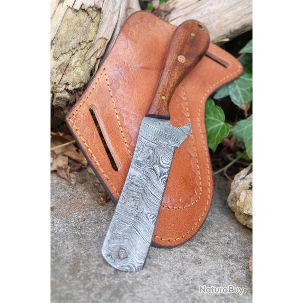Couteau Skinner Lame Rasoir Acier Damas 256 Couches Manche Bois Beau Etui Cuir Fabric Artisanale 01