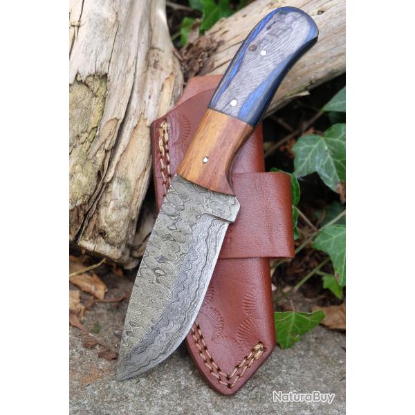 Couteau Skinner Lame Acier Damas 256 Couches Manche 2 Bois Etui Cuir Port Horizon Fab Artisanale 01