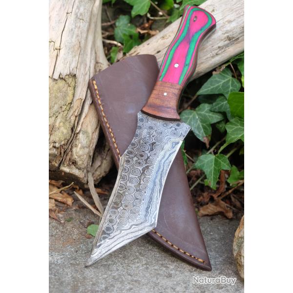 Couteau Tanto Damas Lame Acier 256 Couches Manche Bois Etui Cuir Fabrication Artisanale