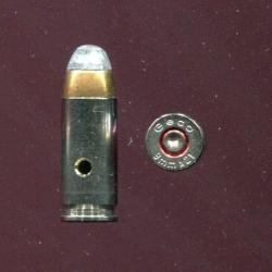 9 x 21 - RARE calibre - marquage :  Geco 9mm X 21 - &eacute;tui nickel - balle cuivre pointe plomb arrondie