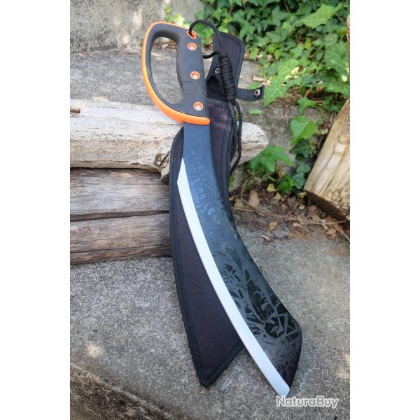 Machette Couteau Kukkri Bushcraft Parang Machete Lame Acier 3Cr13 Manche ABS Black/orange Etui Nylon