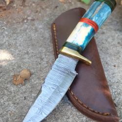 Skinner Couteau Damas Lame 256 Couches Lame Drop Point Manche Os Nuage Fabr Artisanale Etui Cuir