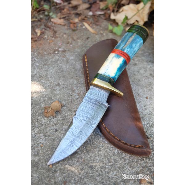 Skinner Couteau Damas Lame 256 Couches Lame Drop Point Manche Os Nuage Fabr Artisanale Etui Cuir