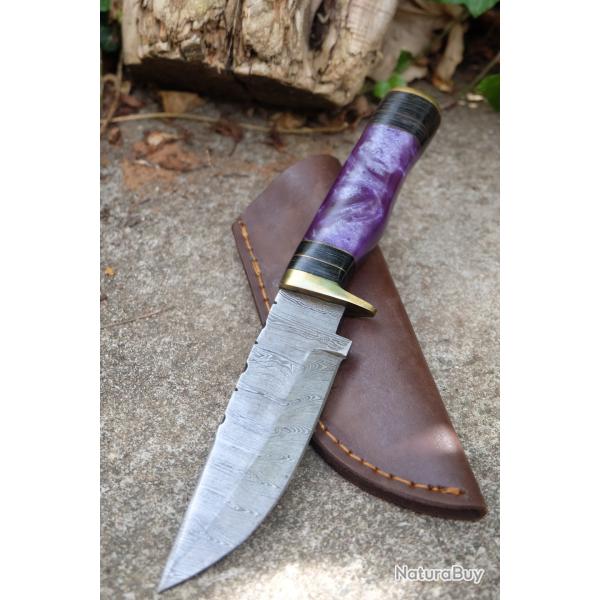 Skinner Couteau Damas Lame 256 Couches Lame Drop Point Manche Purple Fabr Artisanale Etui Cuir
