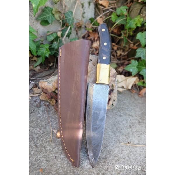 Skinner Couteau de Rando Cuisine Damas Lame 256 Couches Manche Bois/Laiton Fab Artisanale Etui Cuir