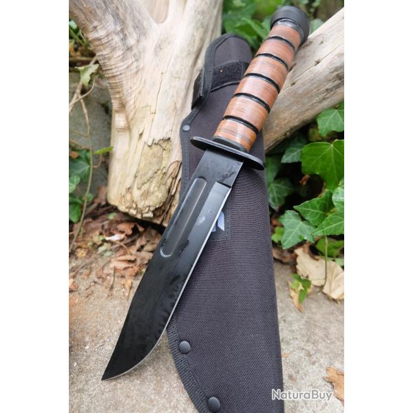 Couteau Tactical Marines Combat Fighting Lame Acier 3Cr13 Black Manche Cuir Etui Nylon Style Ka-bar