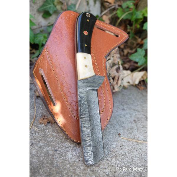 Couteau Skinner Lame Rasoir Acier Damas 256 Couches Manche Os/Corne Beau Etui Cuir Fabric Artisanale
