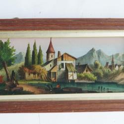 Peinture sous verre ancien paysage montagne