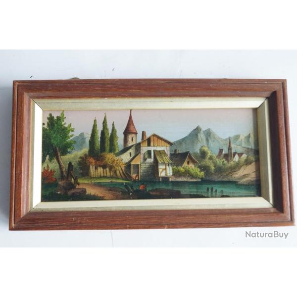 Peinture sous verre ancien paysage montagne