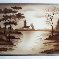 Plateau fa&iuml;ence Paysage s&eacute;pia Art nouveau