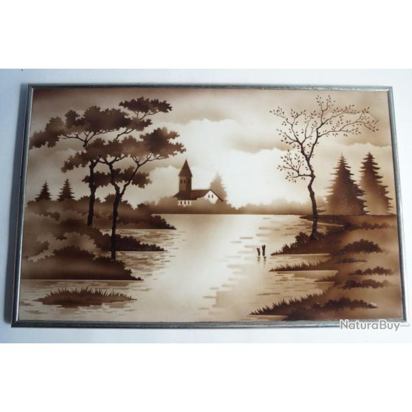 Plateau fa�ence Paysage s�pia Art nouveau