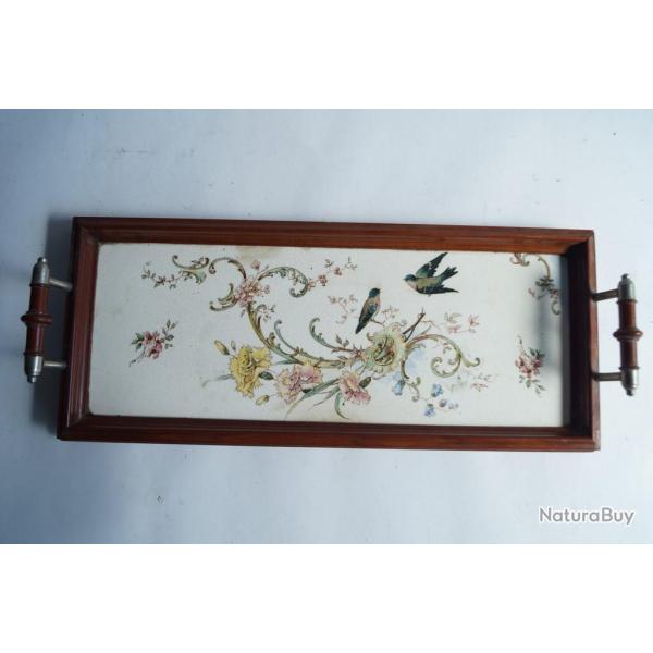 Plateau en bois et fa�ence Fleurs et Oiseaux