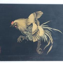 Panneau bois laqu&eacute; Coq maki-e Coq sign&eacute; Asie