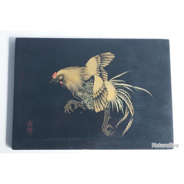 Panneau bois laqu� Coq maki-e Coq sign� Asie