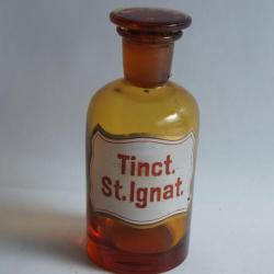 Ancien flacon d'apothicaire verre &eacute;maill&eacute; Tinct. St. Ignat.