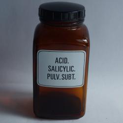 Ancien flacon d'apothicaire verre &eacute;maill&eacute; Acid. Salicylic. Pulv. Subt.