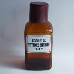 Ancien flacon d'apothicaire verre &eacute;maill&eacute; Essence de Terebenthine
