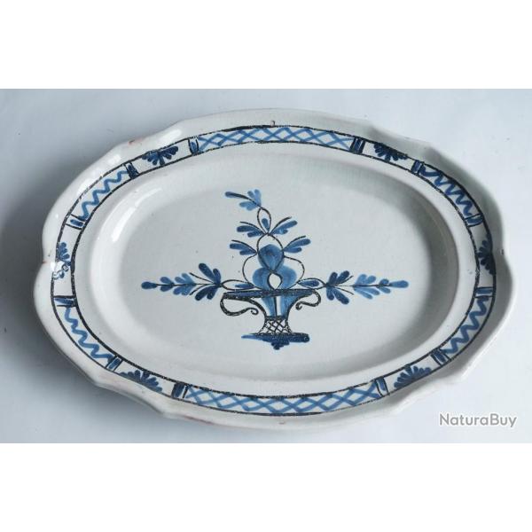 Plat cul noir fa�ence Rouen panier fleuri