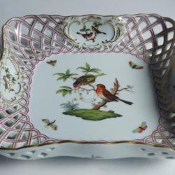 HEREND Corbeille porcelaine ajour&eacute;e Oiseaux