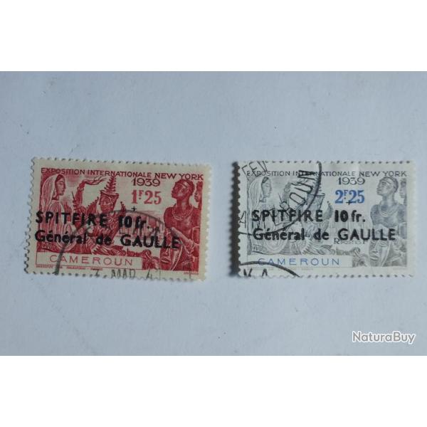 Timbres Cameroun colonie Fran�aise 1941 expo NY surcharg�s Spitfire obl