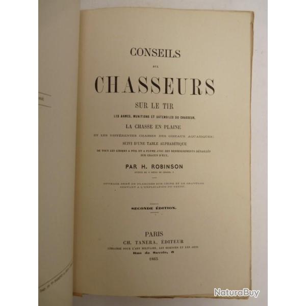 Livre Conseils aux chasseurs H. ROBINSON 1865 Chasse