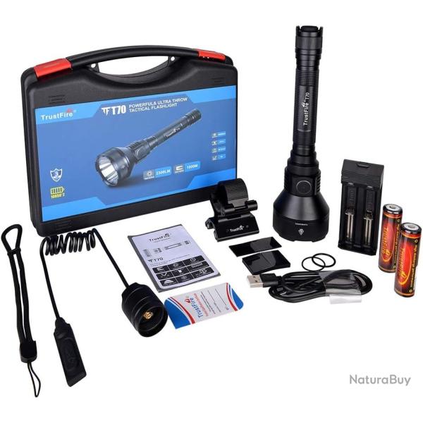 Lampe Torche Tactique TrustFire T70 2300 Lumens - Port�e 1000 m - Rechargeable - Kit Chasse Complet