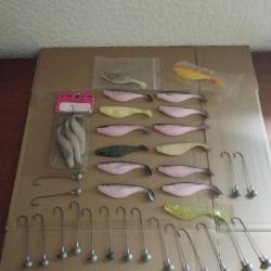 A SAISIR LOT P&Ecirc;CHE 18 LEURRES SHAD 10CM + 18 t&ecirc;tes plomb&eacute;s hame&ccedil;ons tiges longues
