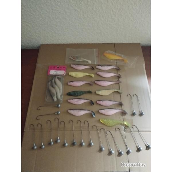 A SAISIR LOT P�CHE 18 LEURRES SHAD 10CM + 18 t�tes plomb�s hame�ons tiges longues