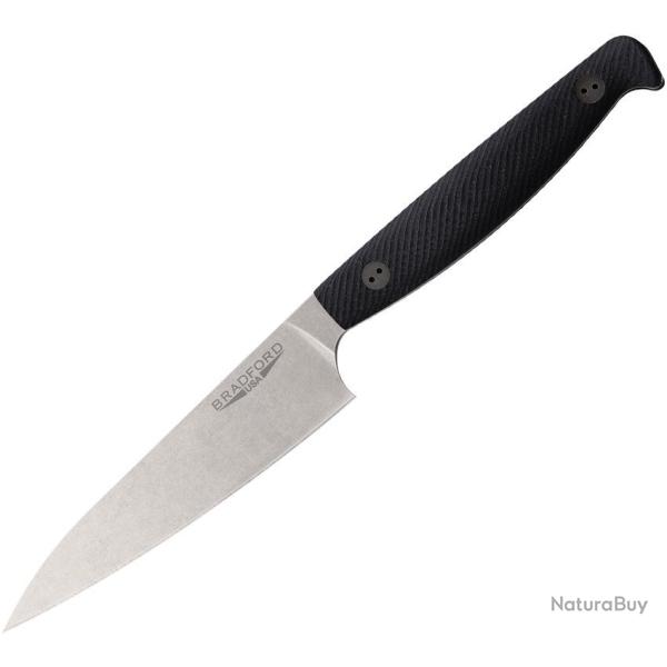 Couteau Office Bradford Knives Lame Acier AEB-L Stonewash Manche G10 Noir Etui Cuir USA BRADG10PAR