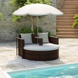 Lit de avec parasol Marron R&eacute;sine tress&eacute;e