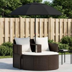 Lit avec parasol, en r&eacute;sine tress&eacute;e marron, pour la terrasse