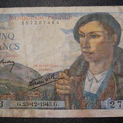 billet de 5 francs "berger" du 23-12-1943 tb+