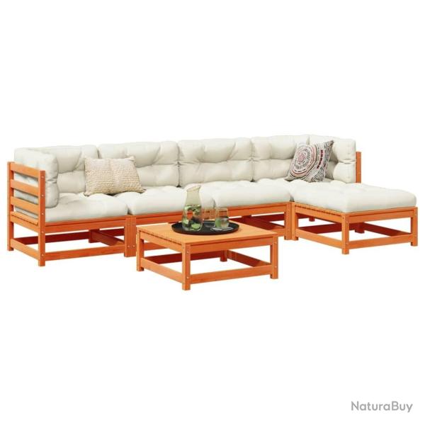 Salon de jardin 6 pcs avec coussins cire marron bois pin massif