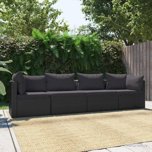 Canap�s de jardin 4 pcs avec coussins R�sine tress�e Noir