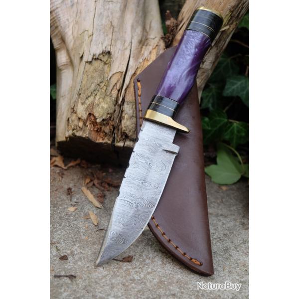 Skinner Couteau Damas Lame 256 Couches Lame Drop Point Manche Purple Fabr Artisanale Etui Cuir 01