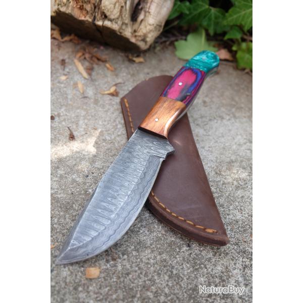 Couteau Skinner Lame Acier Damas 256 Couches Manche Multicolore Etui Cuir Fab Artisanale
