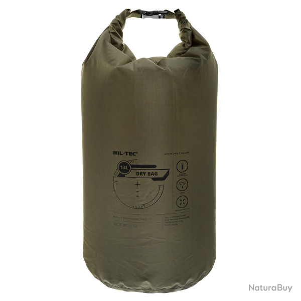 Sac �tanche Mil-Tec Dry Bag 13L polyester 210T enduit PU 60 g colonne d'eau 5 000 mm - Vert Olive