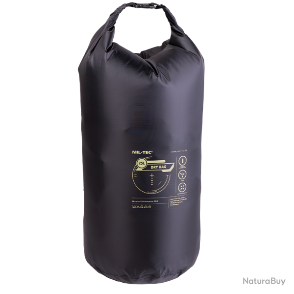 Sac �tanche Mil-Tec Dry Bag 25 litres polyester 210T enduit PU colonne d'eau 5 000 mm - Noir