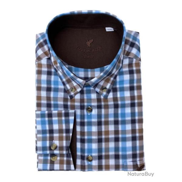 Chemise homme � carreaux bleu, marine et beige - col boutonn� L