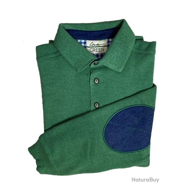 Sweat col boutonn� vert avec coudi�res contrast�es - Made in Portugal XXXXL